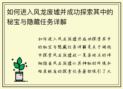如何进入风龙废墟并成功探索其中的秘宝与隐藏任务详解